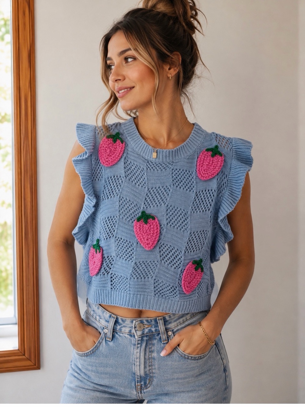 Blue Strawberry Crochet Knit Ruffle Vest